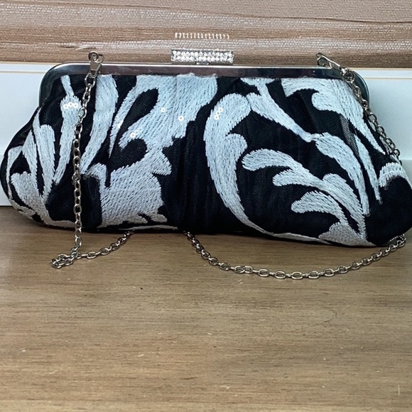 Lulu Townsend Black and Silver Sequins Clutch / Shoulder Bag with Floral Design - Picture 2 of 8